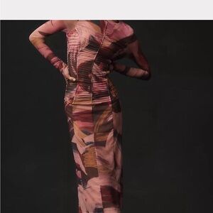 Anthropologie Pink & Brown Abstract Ruched Midi Dress